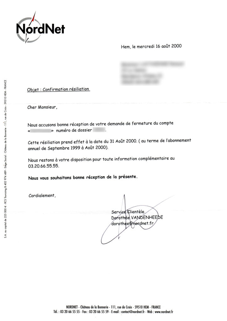 Courrier de résiliation de mon compte Nordnet en 2000, rédigé en comic sans